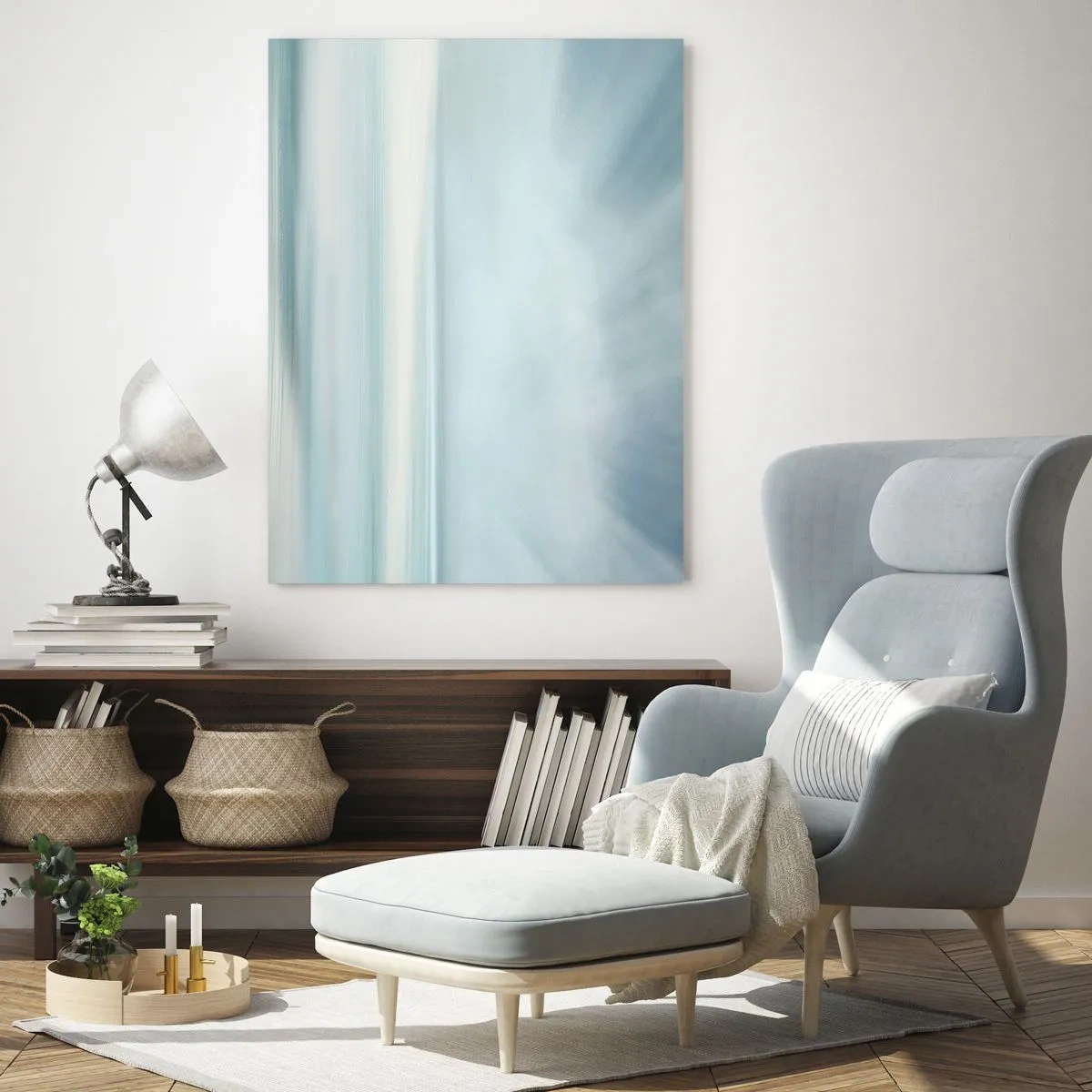 Impression sur verre - Image sur verre - Abstraction floue dans les tons de bleu, blanc et gris - 50x70cm - Paix à l'horizon - Décoration murale moderne pour le salon et la chambre ARTTOR