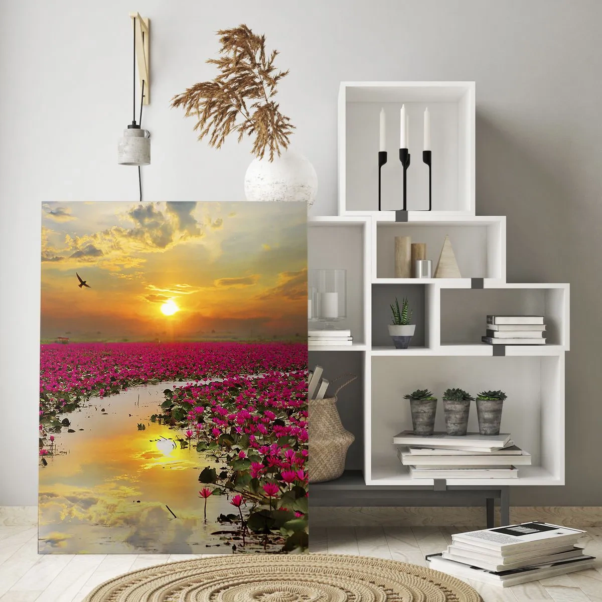 Impression sur verre - Image sur verre - Un champ de nénuphars roses au coucher du soleil - 80x120cm - La vie secrète du lac - Décoration murale moderne pour le salon et la chambre ARTTOR