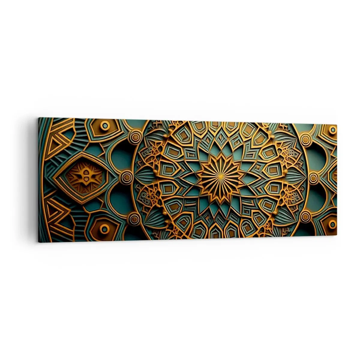 Impression sur toile - Image sur toile - Un mandala doré sur fond turquoise avec des détails riches. - 140x50cm - Dans une ambiance arabe - Décoration murale moderne pour le salon et la chambre ARTTOR