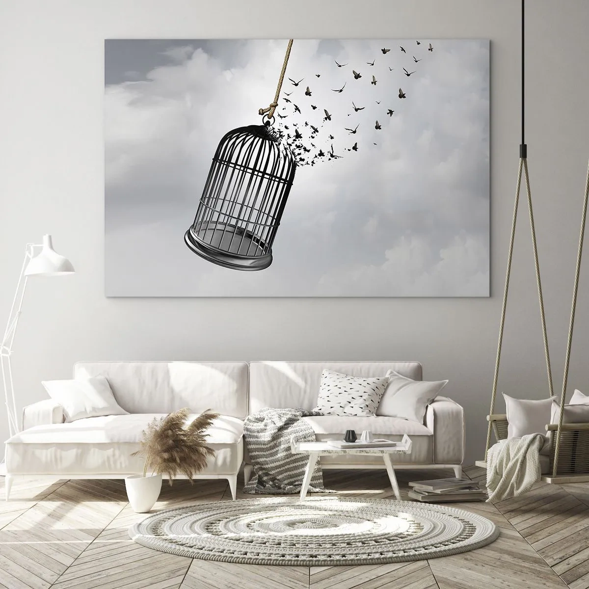 Impression sur verre - Image sur verre - L'ouverture de la cage et les oiseaux qui s'envolent dans le ciel - 100x70cm - Foie...Espoir...Liberté! - Décoration murale moderne pour le salon et la chambre ARTTOR