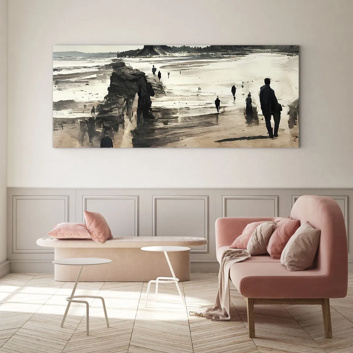Impression sur verre - Image sur verre - Promeneurs sur la plage dans un paysage paisible - 120x50cm - Invoqué - Décoration murale moderne pour le salon et la chambre ARTTOR