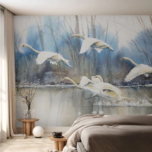 Papier Peint Photo Premium Sand - Aquarelle représentant des cygnes volant au-dessus d'un lac gelé - 100x70cm - Comme dans un conte de fées sur les cygnes sauvages - Décoration murale moderne pour le salon et la chambre ARTTOR