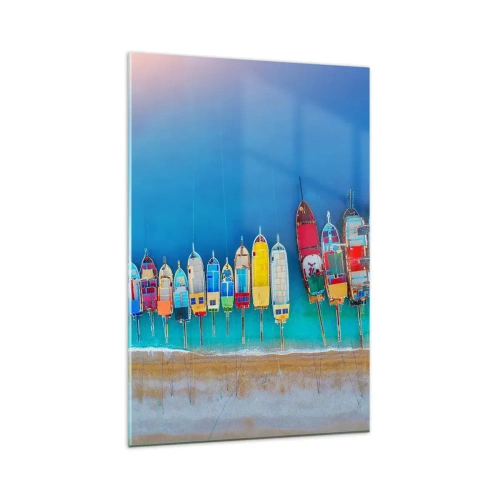 Impression sur verre - Image sur verre - Des bateaux colorés alignés en rangée sur le rivage - 80x120cm - Une vue à vol d'oiseau - Décoration murale moderne pour le salon et la chambre ARTTOR