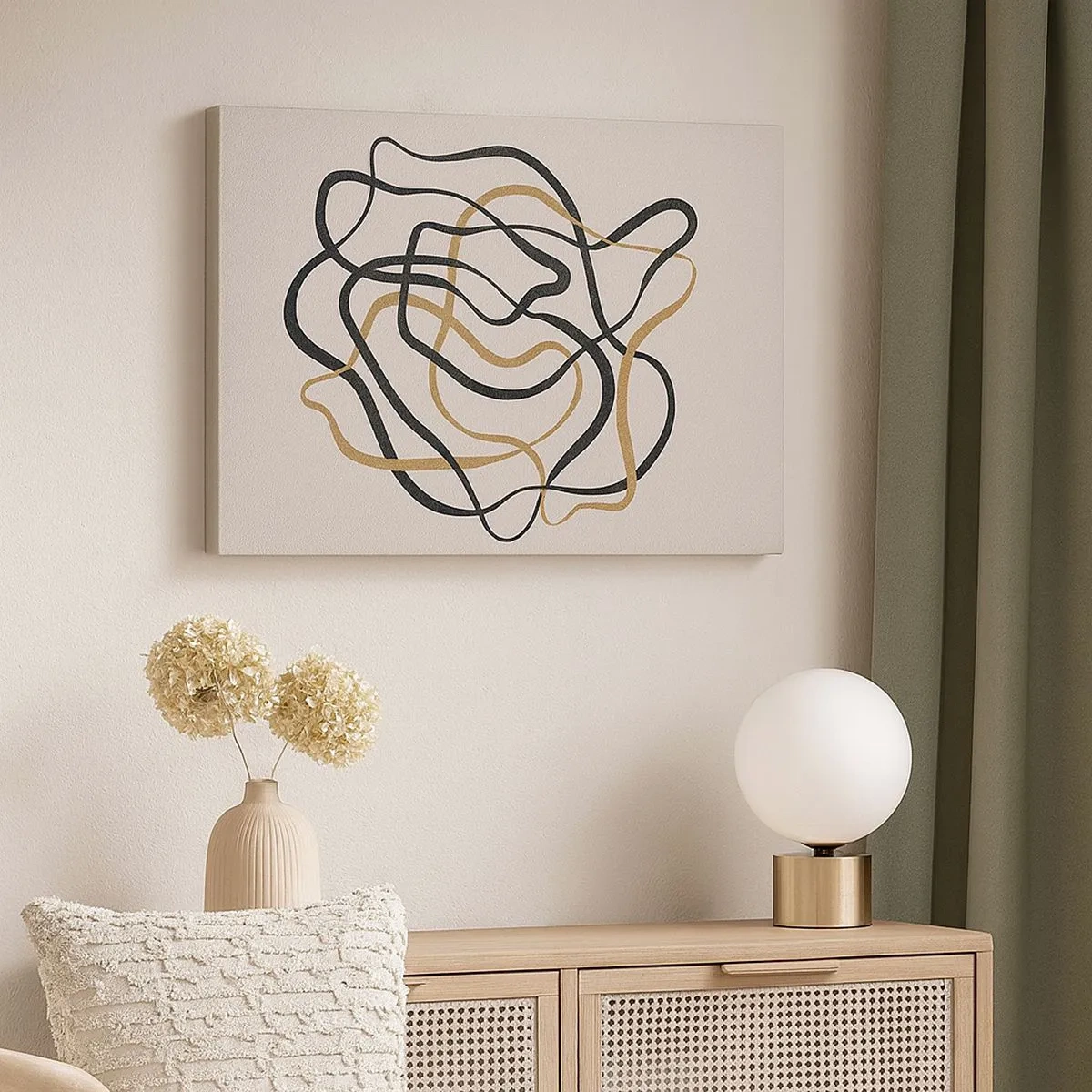 Impression sur toile - Image sur toile - Lignes emmêlées en noir et or sur fond clair - 70x50cm - Tout s'est mal déroulé - Décoration murale moderne pour le salon et la chambre ARTTOR