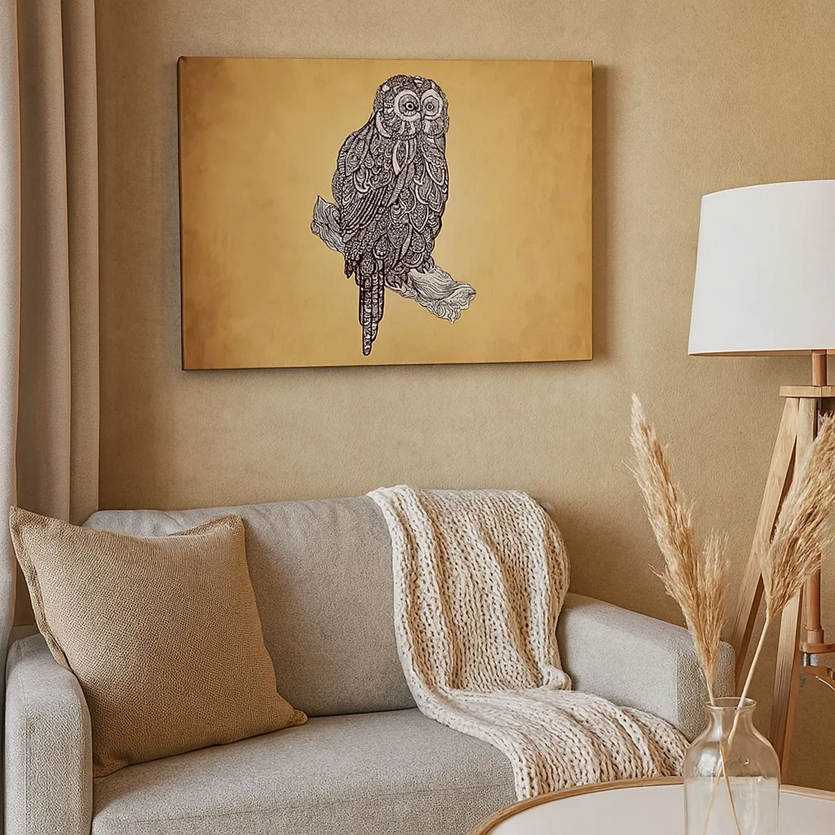 Impression sur toile - Image sur toile - Un hibou de style ornemental sur fond beige - 70x50cm - Ornements complexes de sagesse - Décoration murale moderne pour le salon et la chambre ARTTOR