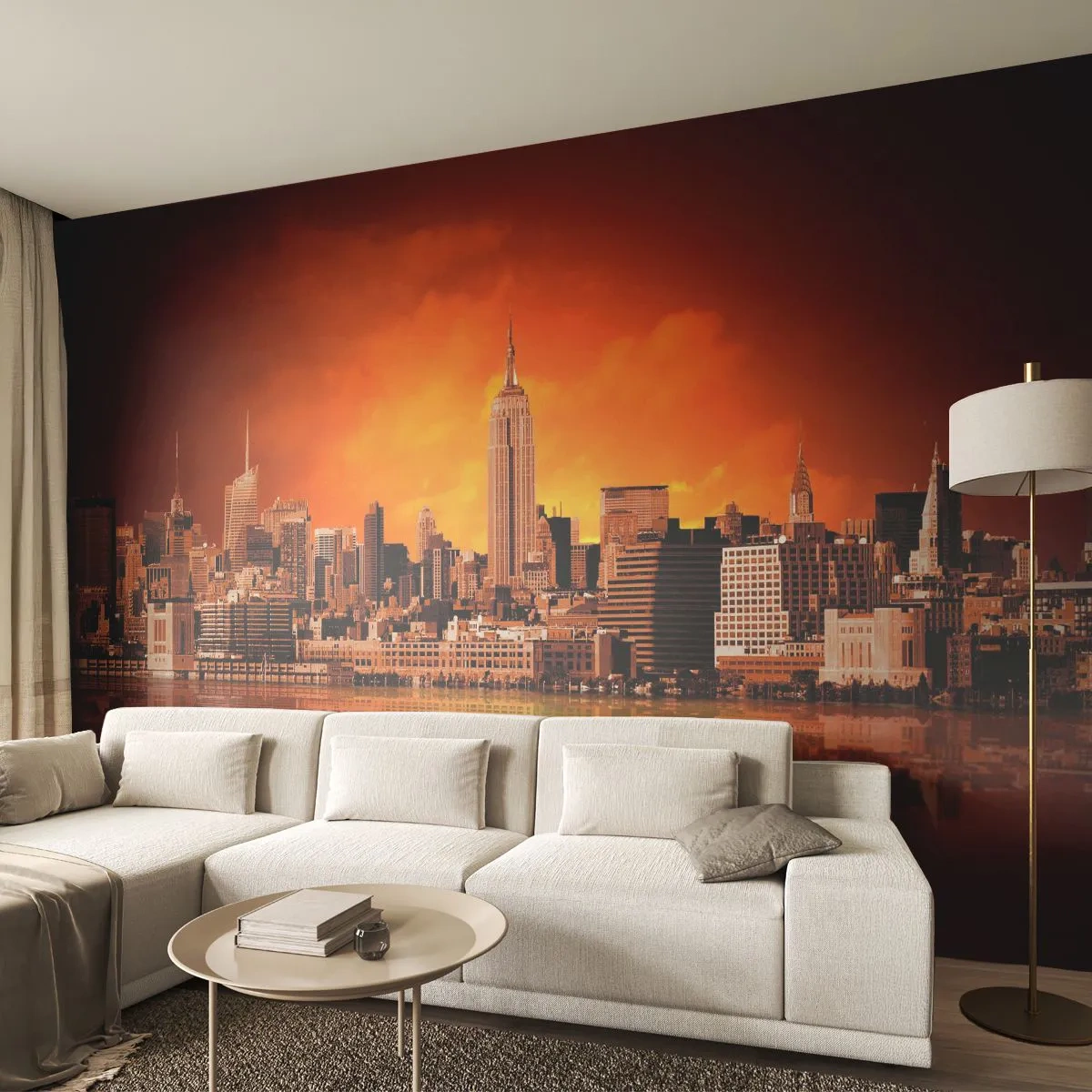 Papier Peint Photo Premium Sand - Panorama de grande ville en jaune et bronze - New York, Architecture, Ville - 400x280 cm