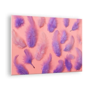 Impression sur verre - Image sur verre - Plumes violettes sur fond rose dans une composition délicate - 70x50cm - Oiseau de désir lilas - Décoration murale moderne pour le salon et la chambre ARTTOR