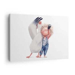 Impression sur toile - Image sur toile - Illustration d'un enfant avec un pélican et un télescope à la main - 70x50cm - Plan de grand voyage - Décoration murale moderne pour le salon et la chambre ARTTOR