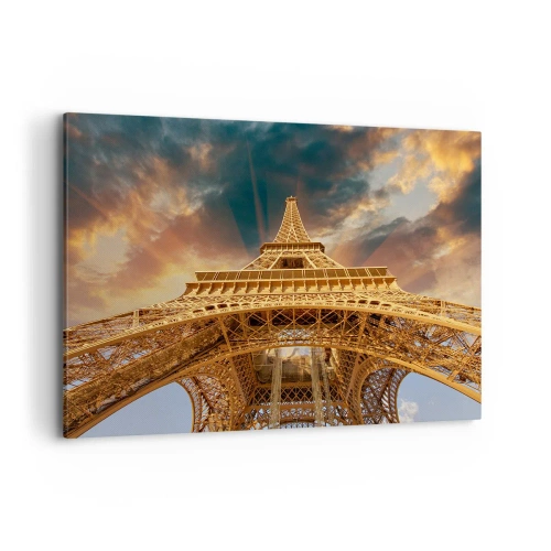 Impression sur toile - Image sur toile - La Tour Eiffel vue d'en bas sur fond de soleil couchant - 100x70cm - Comment l'humanité a atteint le ciel - Décoration murale moderne pour le salon et la chambre ARTTOR