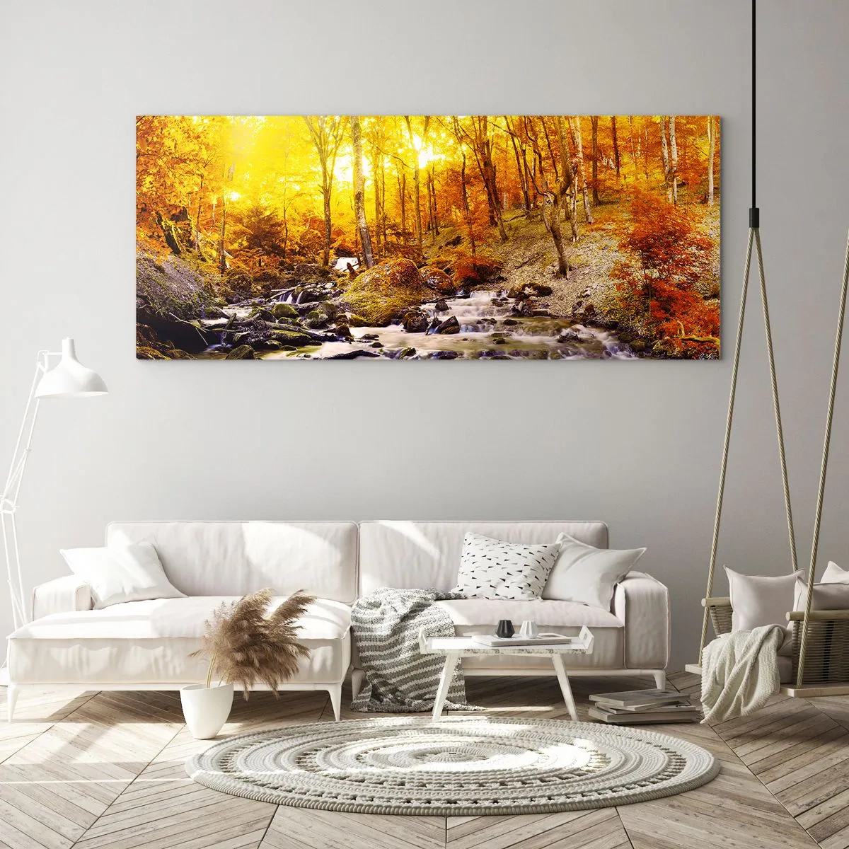 Impression sur verre - Image sur verre - Forêt d'automne avec un ruisseau parmi les feuilles dorées - 140x50cm - Pierres serties d'or et de platine - Décoration murale moderne pour le salon et la chambre ARTTOR
