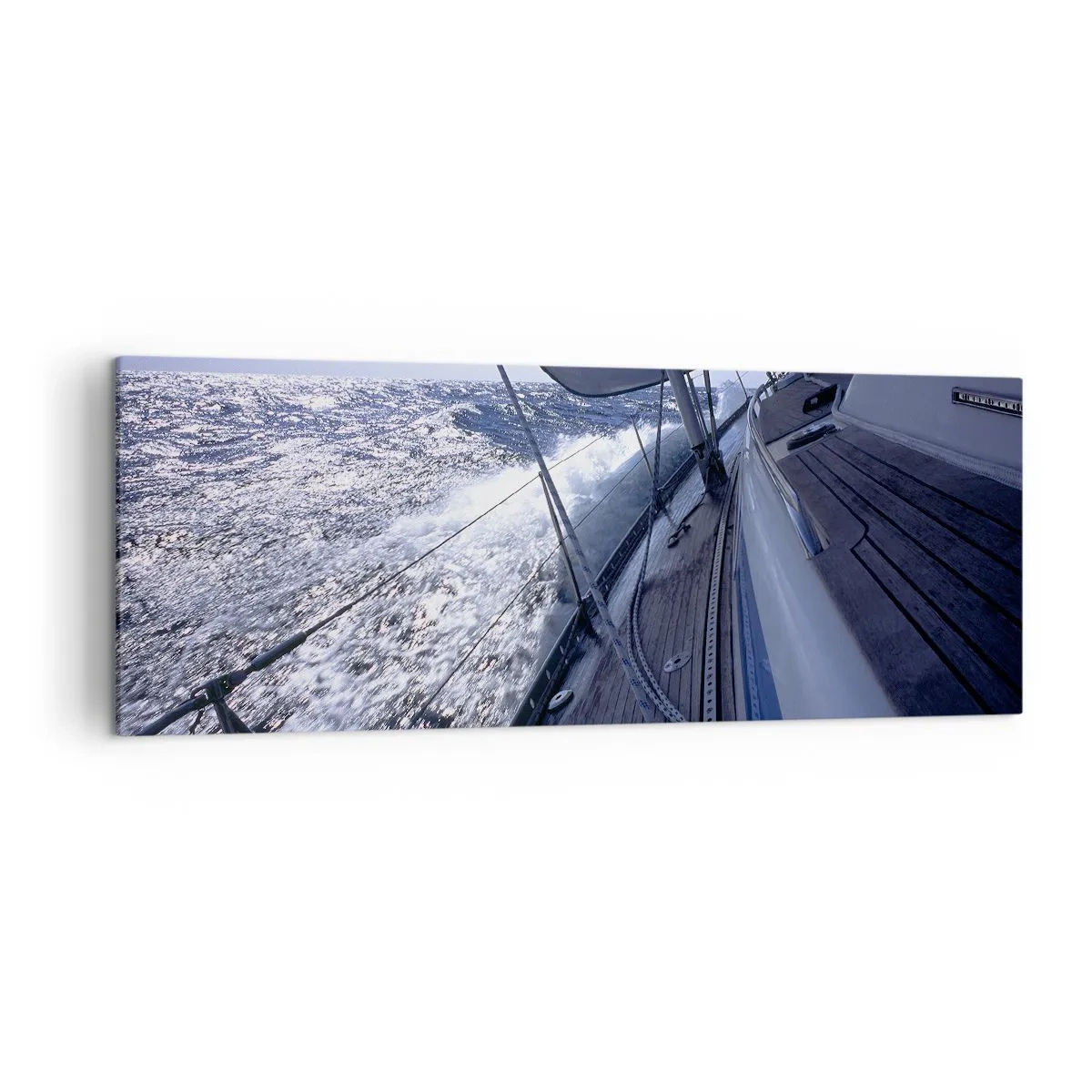 Impression sur toile - Image sur toile - Un voilier dans une mer agitée avec des voiles blanches et un pont en bois. - 140x50cm - Je sais ce que c'est d'être un oiseau - Décoration murale moderne pour le salon et la chambre ARTTOR
