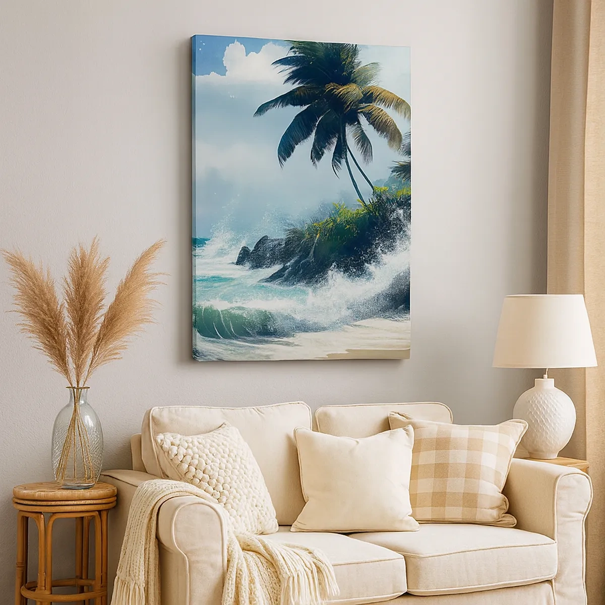 Impression sur toile - Image sur toile - Rivage tropical avec palmiers et mer agitée - 50x70cm - Sur une côte tropicale - Décoration murale moderne pour le salon et la chambre ARTTOR