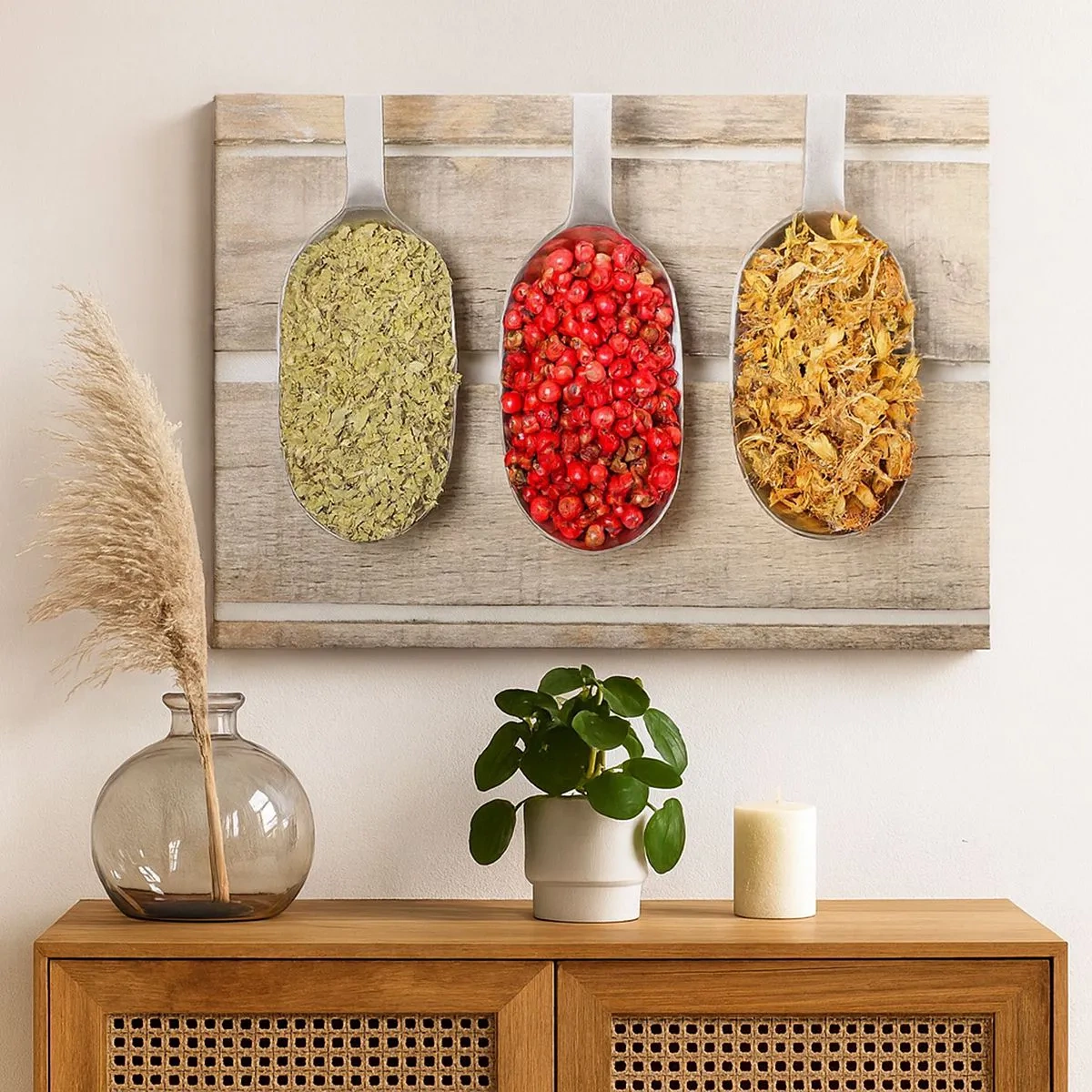 Impression sur toile - Image sur toile - Trois cuillères en métal avec des épices sur un fond en bois - 70x50cm - Magie de la cuisine - Décoration murale moderne pour le salon et la chambre ARTTOR