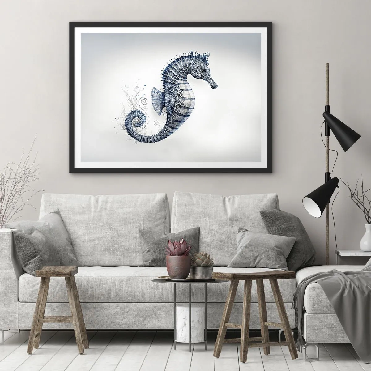 Affiche dans un cadre noir - Poster - Hippocampe dans des tons de bleu avec des détails à l'aquarelle - 70x50cm - Une subtile plaisanterie de la nature - Décoration murale moderne pour le salon et la chambre ARTTOR