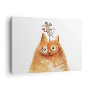 Impression sur toile - Image sur toile - Un dessin d'un chat avec une souris sur la tête tenant un cœur - 70x50cm - Amour paradoxal - Décoration murale moderne pour le salon et la chambre ARTTOR