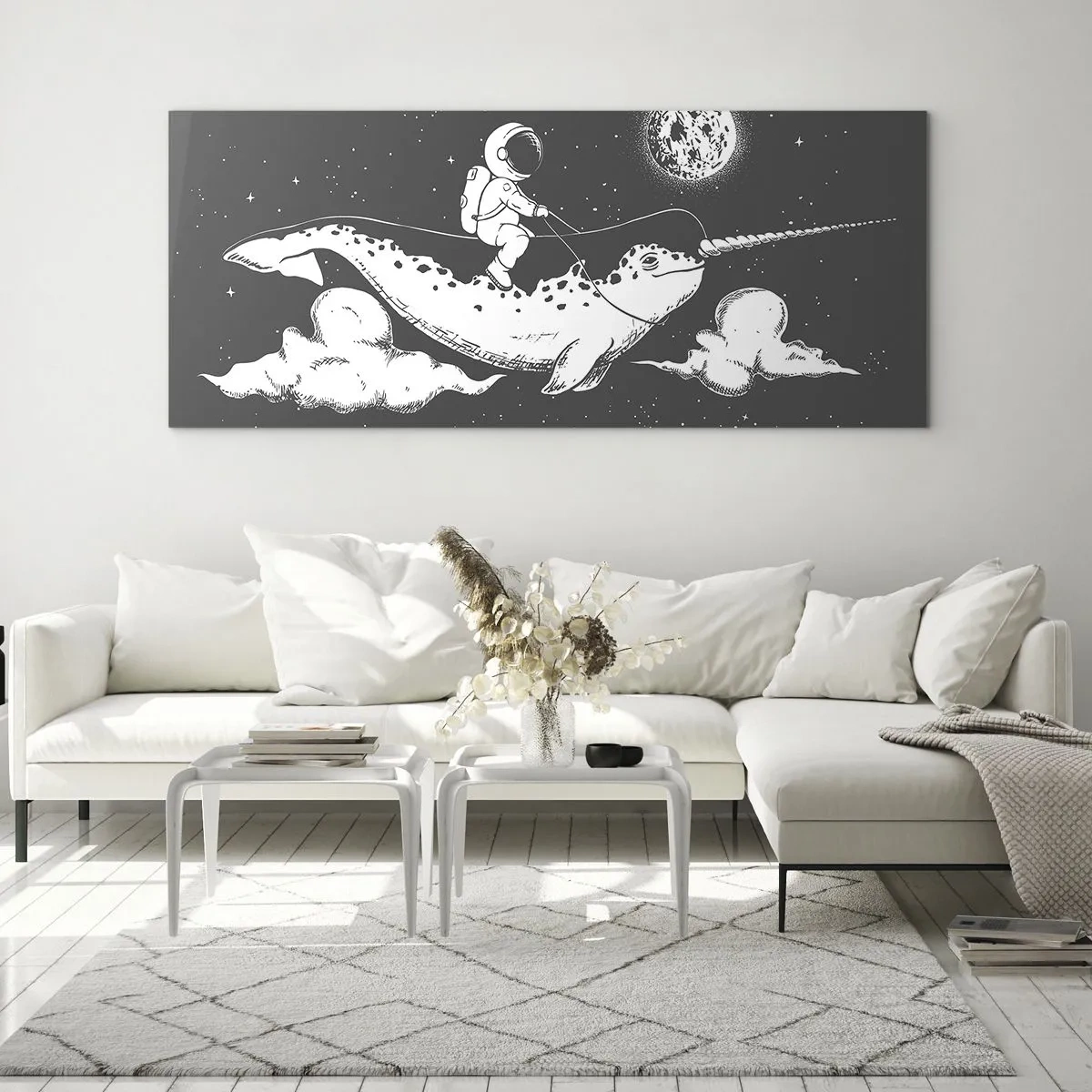 Impression sur verre - Image sur verre - Un astronaute sur le dos d'un narval flottant dans une scène spatiale. - 160x50cm - Cavalier de l'espace - Décoration murale moderne pour le salon et la chambre ARTTOR