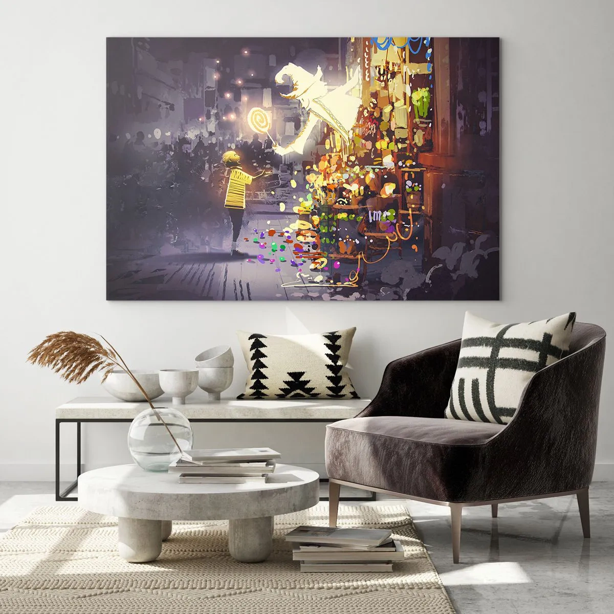 Impression sur verre - Image sur verre - Un enfant en t-shirt léger devant un stand lumineux rempli de bonbons colorés - 100x70cm - La magie existe - Décoration murale moderne pour le salon et la chambre ARTTOR