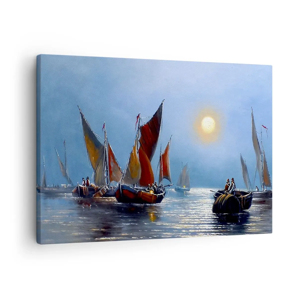 Impression sur toile - Image sur toile - Bateaux à voiles sur une eau calme au coucher du soleil - 70x50cm - Pêche de nuit - Décoration murale moderne pour le salon et la chambre ARTTOR