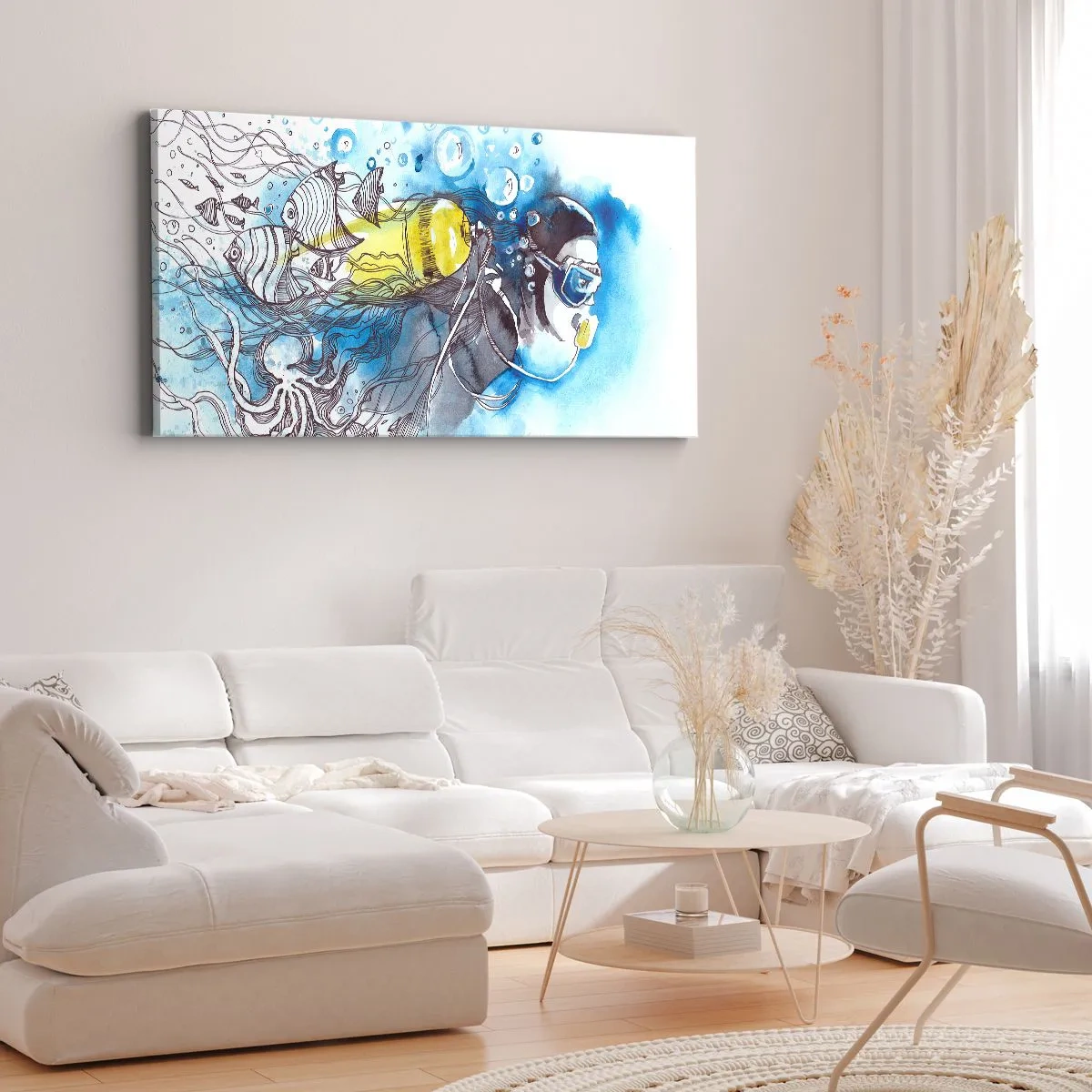 Impression sur toile - Image sur toile - Scène sous-marine avec un plongeur et des poissons exotiques - 160x50cm - Le grand bleu - Décoration murale moderne pour le salon et la chambre ARTTOR
