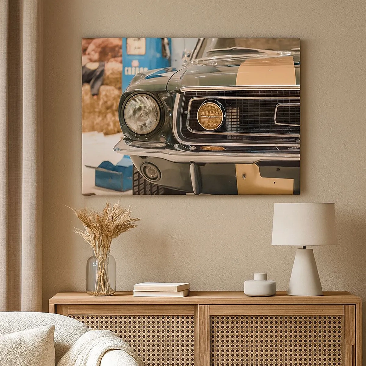Impression sur toile - Image sur toile - Une voiture rétro emblématique dans un cadre classique - 70x50cm - Rencontre avec une légende - Décoration murale moderne pour le salon et la chambre ARTTOR