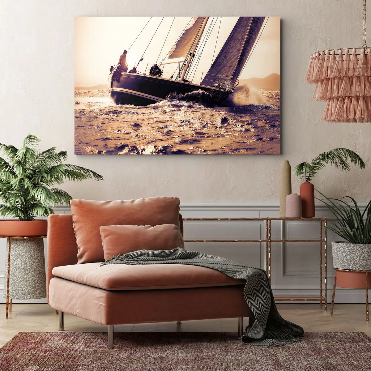Impression sur toile - Image sur toile - Un yacht sur une mer agitée à la lumière du soleil couchant - 100x70cm - Navigue, marin - Décoration murale moderne pour le salon et la chambre ARTTOR