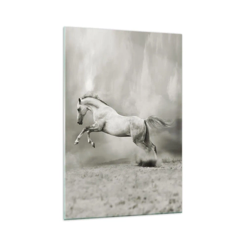 Impression sur verre - Image sur verre - Un cheval blanc dans un saut dynamique sur fond de nuages brumeux. - 70x100cm - Entre le réveil et le sommeil - Décoration murale moderne pour le salon et la chambre ARTTOR