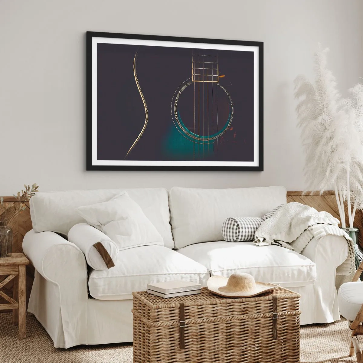 Affiche dans un cadre noir - Poster - Guitare acoustique dans une lumière sombre et élégante - 70x50cm - Le calme avant la tempête - Décoration murale moderne pour le salon et la chambre ARTTOR