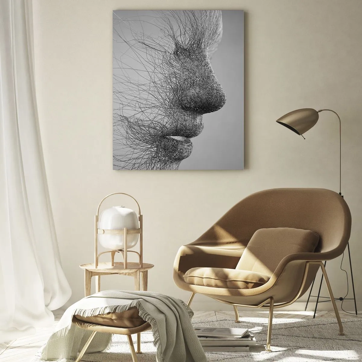 Impression sur verre - Image sur verre - Profil de visage abstrait noir et blanc avec des lignes - 50x70cm - L'esprit du vent - Décoration murale moderne pour le salon et la chambre ARTTOR