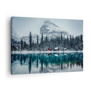 Impression sur toile - Image sur toile - Paysage d'hiver avec des chalets dans la forêt au bord d'un lac gelé - 70x50cm - Retraite canadienne - Décoration murale moderne pour le salon et la chambre ARTTOR