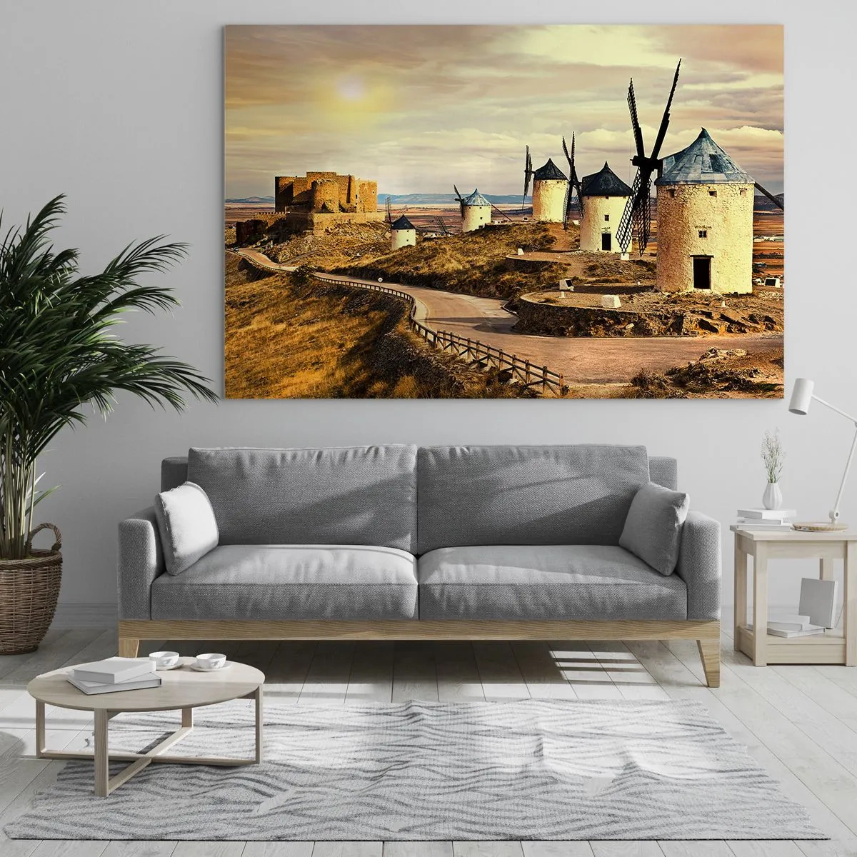 Impression sur verre - Image sur verre - Moulins à vent et château dans le paysage au coucher du soleil - 120x80cm - Don Quichotte est sur le point d'arriver - Décoration murale moderne pour le salon et la chambre ARTTOR