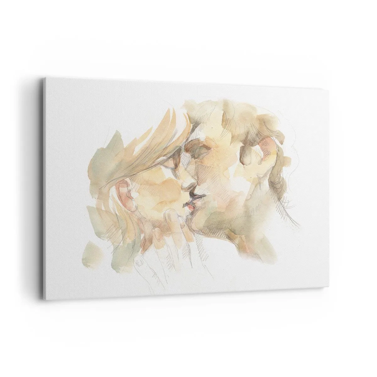 Impression sur toile - Image sur toile - Portrait romantique à l'aquarelle d'un couple s'embrassant - 120x80cm - A moitié trouvé ? - Décoration murale moderne pour le salon et la chambre ARTTOR