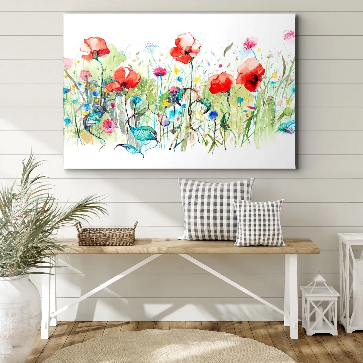 Impression sur toile - Image sur toile - Une prairie avec des coquelicots rouges et des fleurs colorées à l'aquarelle - 100x70cm - Prairie de fleurs en mai - Décoration murale moderne pour le salon et la chambre ARTTOR