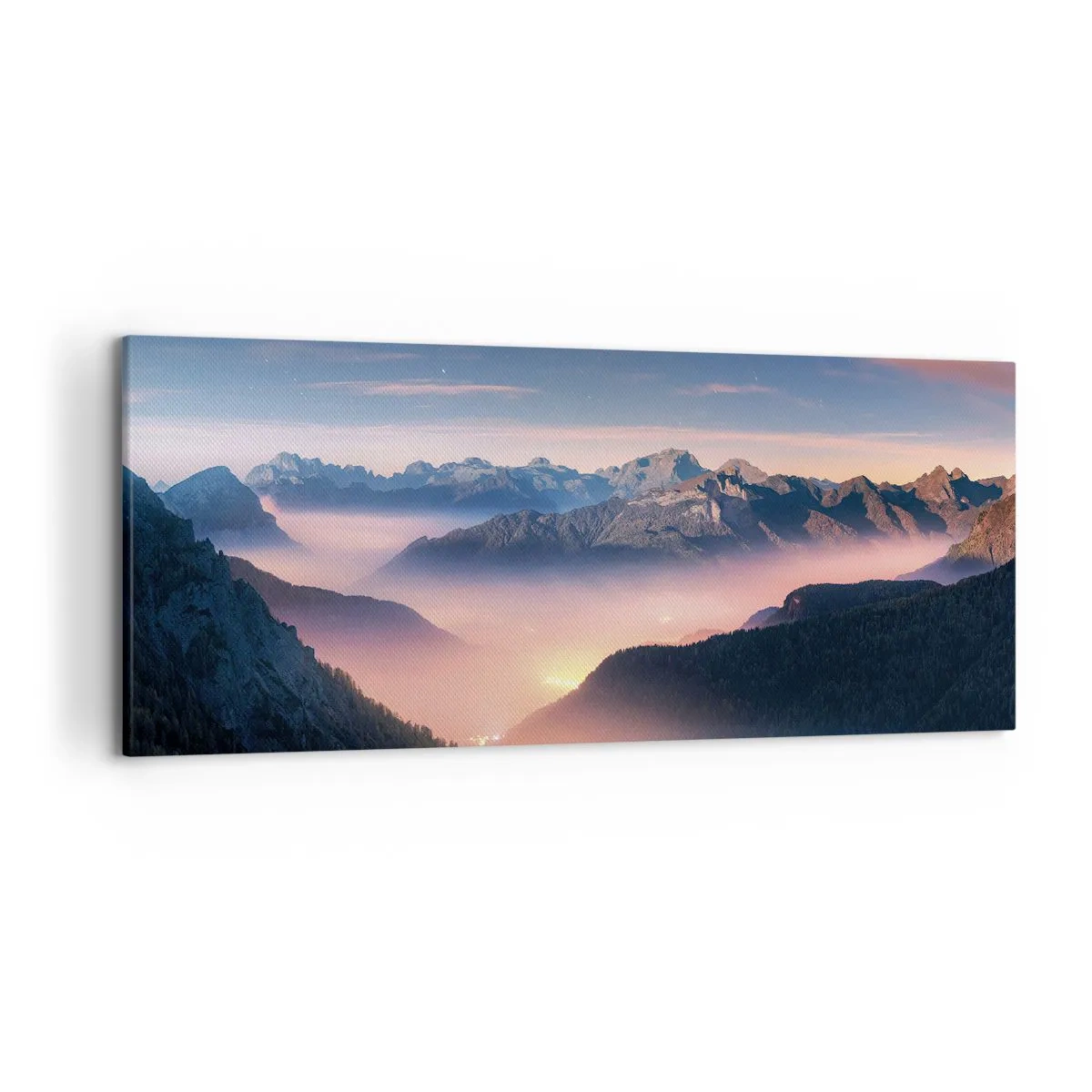 Impression sur toile - Image sur toile - Un paysage de montagne avec une vallée remplie de brouillard - 120x50cm - Lumière dans les vallées - Décoration murale moderne pour le salon et la chambre ARTTOR