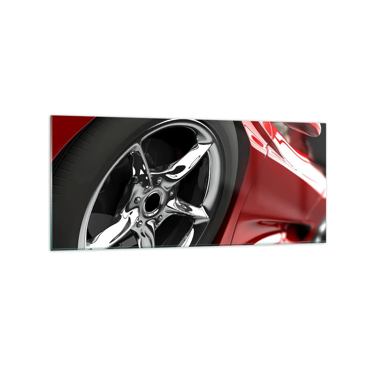 Impression sur verre - Image sur verre - Voiture de sport rouge avec jantes chromées - 120x50cm - Conçu pour la vitesse - Décoration murale moderne pour le salon et la chambre ARTTOR