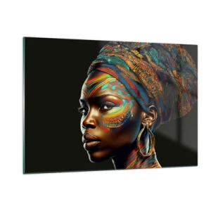 Impression sur verre - Image sur verre - Portrait d'une femme avec une peinture colorée et un turban - 120x80cm - reine africaine - Décoration murale moderne pour le salon et la chambre ARTTOR