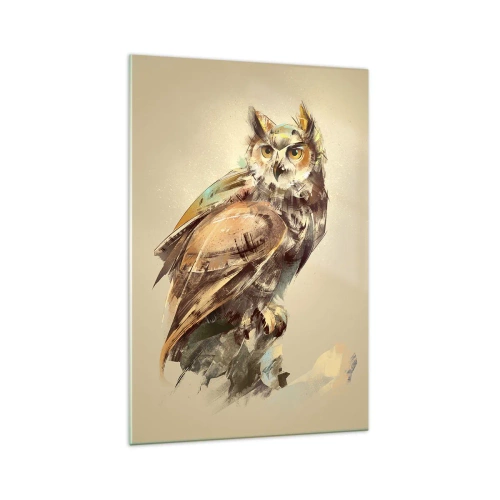 Impression sur verre - Image sur verre - Portrait artistique d'un hibou sur un fond clair dans des tons chauds. - 70x100cm - Le hibou le plus intelligent - confirmera la forêt de chênes - Décoration murale moderne pour le salon et la chambre ARTTOR