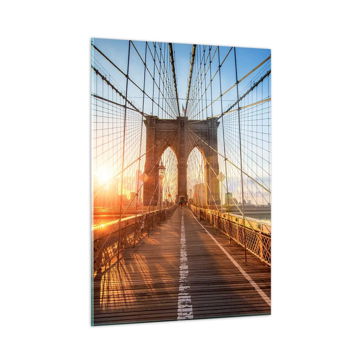 Impression sur verre - Image sur verre - Coucher de soleil sur le pont de Brooklyn à New York - 50x70cm - Sur le pont d'or - Décoration murale moderne pour le salon et la chambre ARTTOR