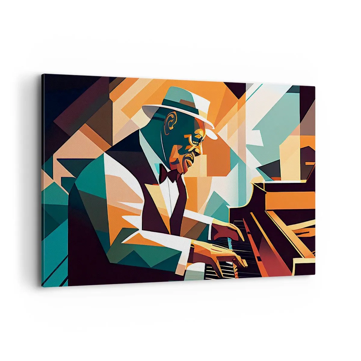 Impression sur toile - Image sur toile - Musicien abstrait jouant du piano dans des couleurs chaudes. - 120x80cm - C’est tout le jazz - Décoration murale moderne pour le salon et la chambre ARTTOR