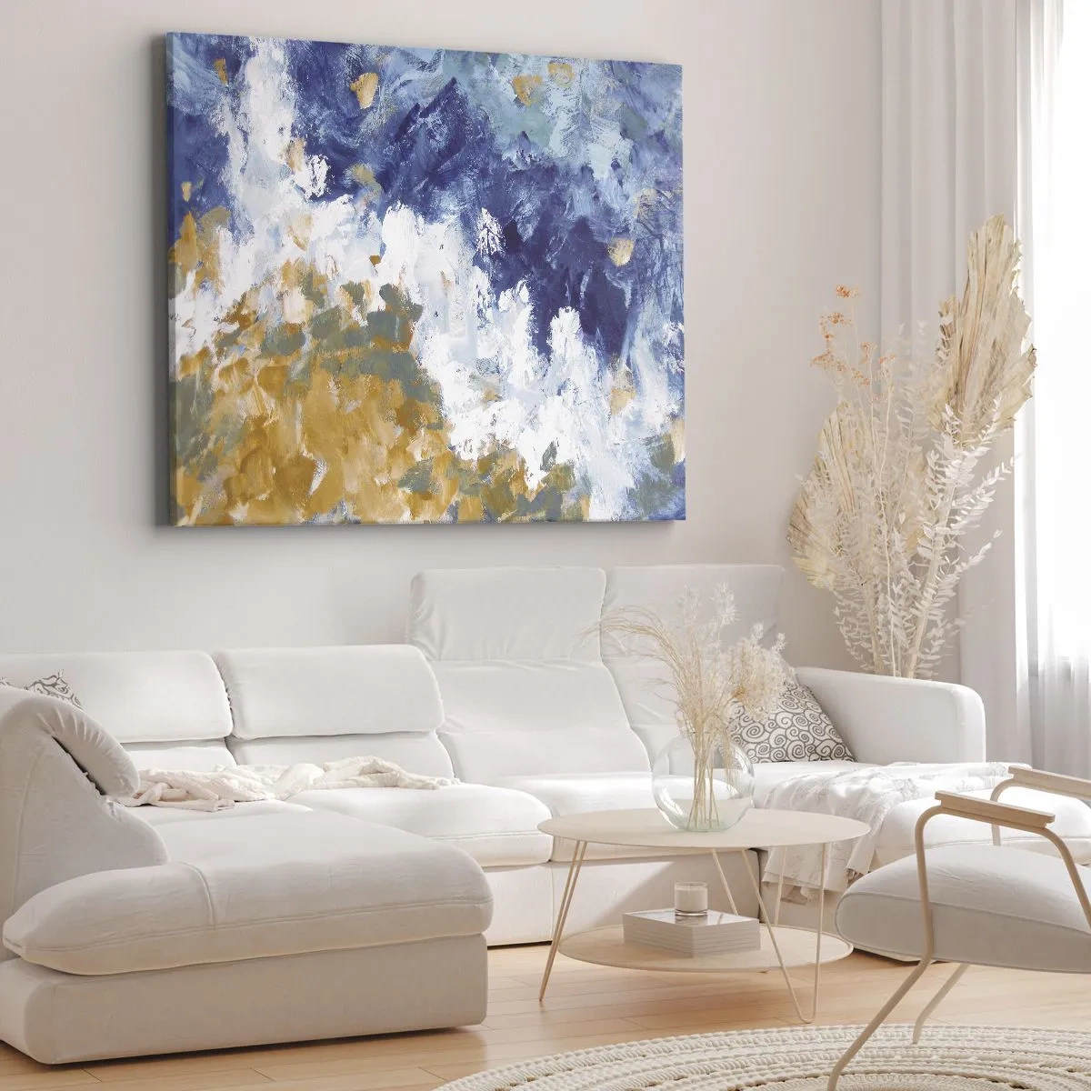 Impression sur toile - Image sur toile - Abstraction dans les tons de bleu, blanc et or - 70x50cm - Danse des éléments - Décoration murale moderne pour le salon et la chambre ARTTOR
