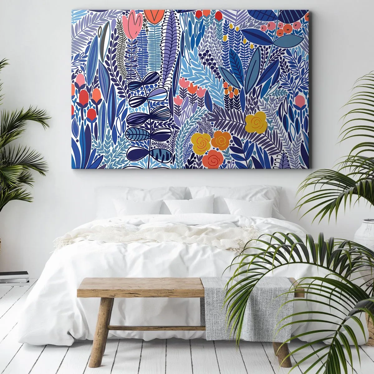 Impression sur toile - Image sur toile - Un motif végétal coloré dans un style graphique moderne - 120x80cm - Jardin hawaïen - Décoration murale moderne pour le salon et la chambre ARTTOR