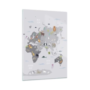 Impression sur verre - Image sur verre - Carte du monde illustrée avec des animaux caractéristiques - 50x70cm - Dis-moi d'où tu viens... - Décoration murale moderne pour le salon et la chambre ARTTOR