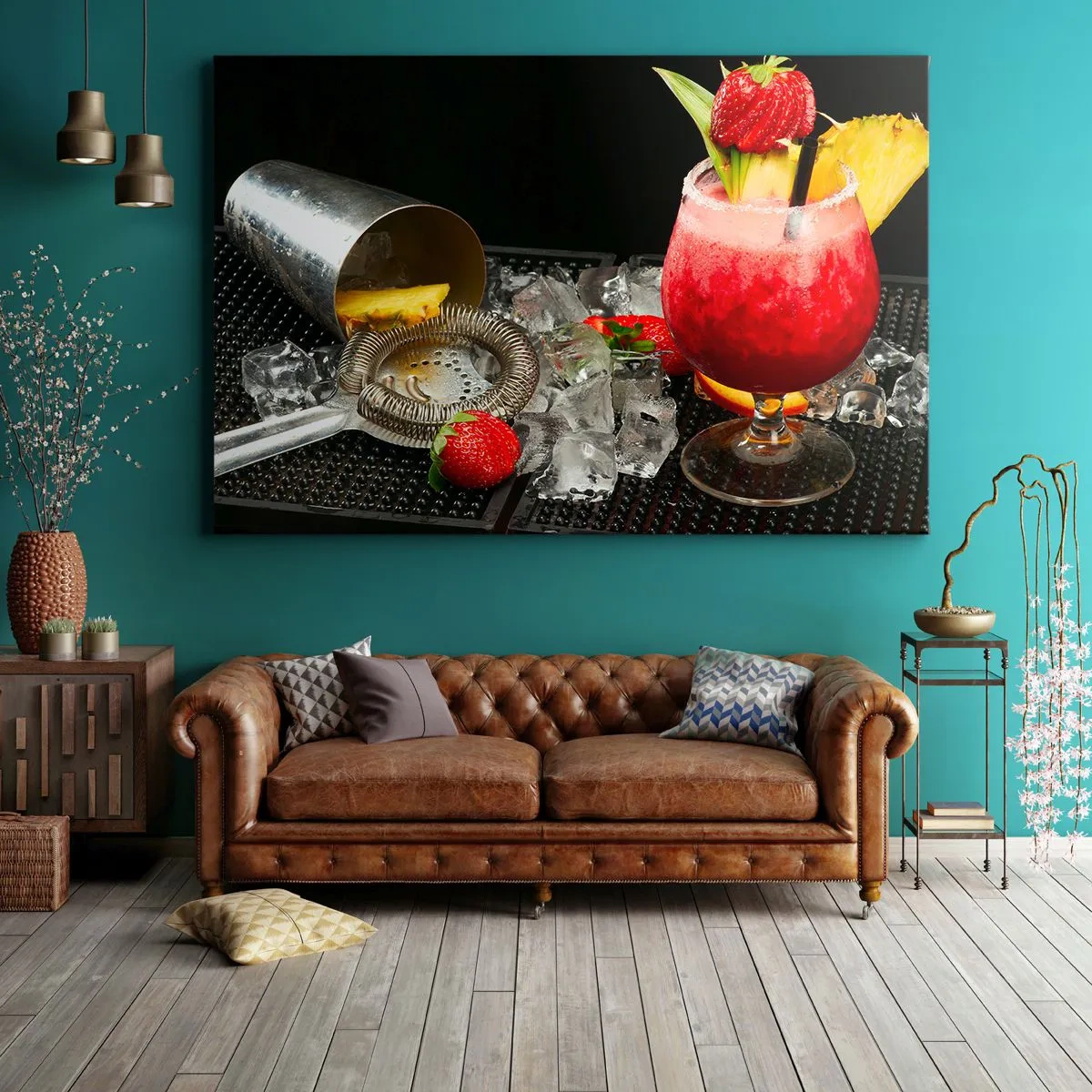 Impression sur toile - Image sur toile - Un cocktail coloré avec des fraises, de la glace et de l'ananas - 120x80cm - Envouter le goût - Décoration murale moderne pour le salon et la chambre ARTTOR