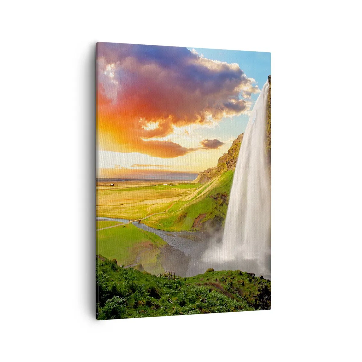 Impression sur toile - Image sur toile - Une cascade dans un paysage pittoresque au coucher du soleil - 50x70cm - La plénitude de l'été islandais - Décoration murale moderne pour le salon et la chambre ARTTOR