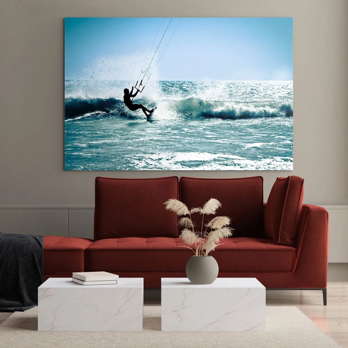 Impression sur verre - Image sur verre - Kitesurfeur sur les vagues de l'océan par une journée ensoleillée - 70x50cm - On se laisse emporter - Décoration murale moderne pour le salon et la chambre ARTTOR
