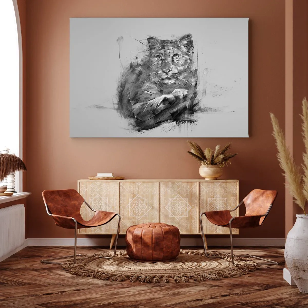 Impression sur toile - Image sur toile - Portrait noir et blanc d'un lion dans un style artistique avec des traits dynamiques. - 70x50cm - Oui, j'écoute attentivement - Décoration murale moderne pour le salon et la chambre ARTTOR