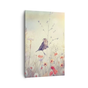 Impression sur toile - Image sur toile - Un oiseau sur fond de prairie colorée aux couleurs pastel - 80x120cm - Portrait d'oiseau sur pré en fond - Décoration murale moderne pour le salon et la chambre ARTTOR