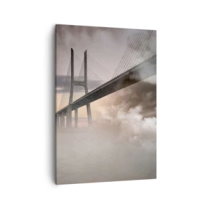 Impression sur toile - Image sur toile - Un pont sur une rivière entouré de brouillard le matin - 50x70cm - Sur la rivière qui n'existe pas - Décoration murale moderne pour le salon et la chambre ARTTOR