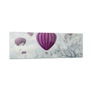 Impression sur verre - Image sur verre - Des ballons violets flottant au-dessus des arbres dans les nuages - 160x50cm - Comme des navires dans le ciel - Décoration murale moderne pour le salon et la chambre ARTTOR