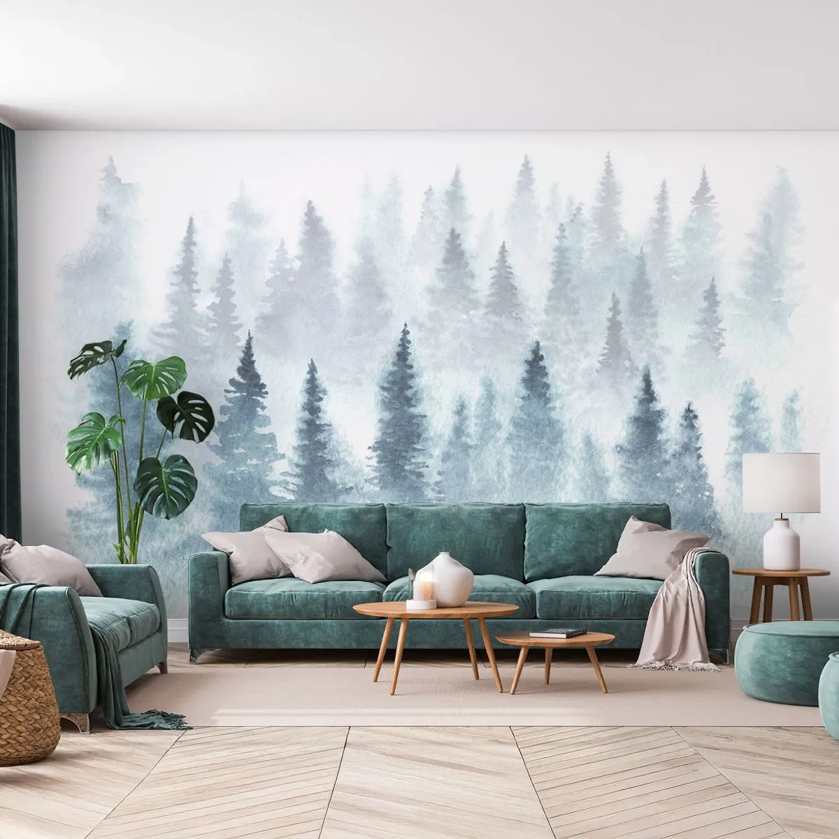 Papier Peint Autocollant Deluxe Sticker - Enveloppé de brouillard - Paysage, Forêt, Épicéa - 250x175 cm