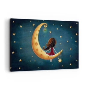 Impression sur toile - Image sur toile - Une fille sur la lune entourée d'étoiles - 100x70cm - Il était une fois... - Décoration murale moderne pour le salon et la chambre ARTTOR